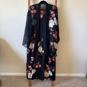 Harari 2 pc silk Floral Sheer Black Kimono Duster with Pink & White Blooms